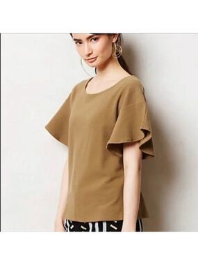 Anthropologie Postmark 9h15 STCL Olive Green Flutter Short Sleeve Ribbed Top - L